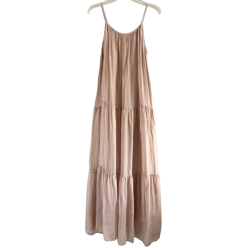 Bella Umbra Italy Silk Blend Tiered Boho Maxi Dress Tan Womens Medium